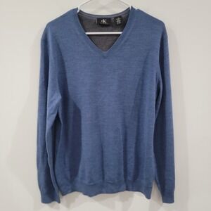 Calvin Klein Mens Sweater Size Large Merino Wool Blue Minimalist Preppy‎ Luxury